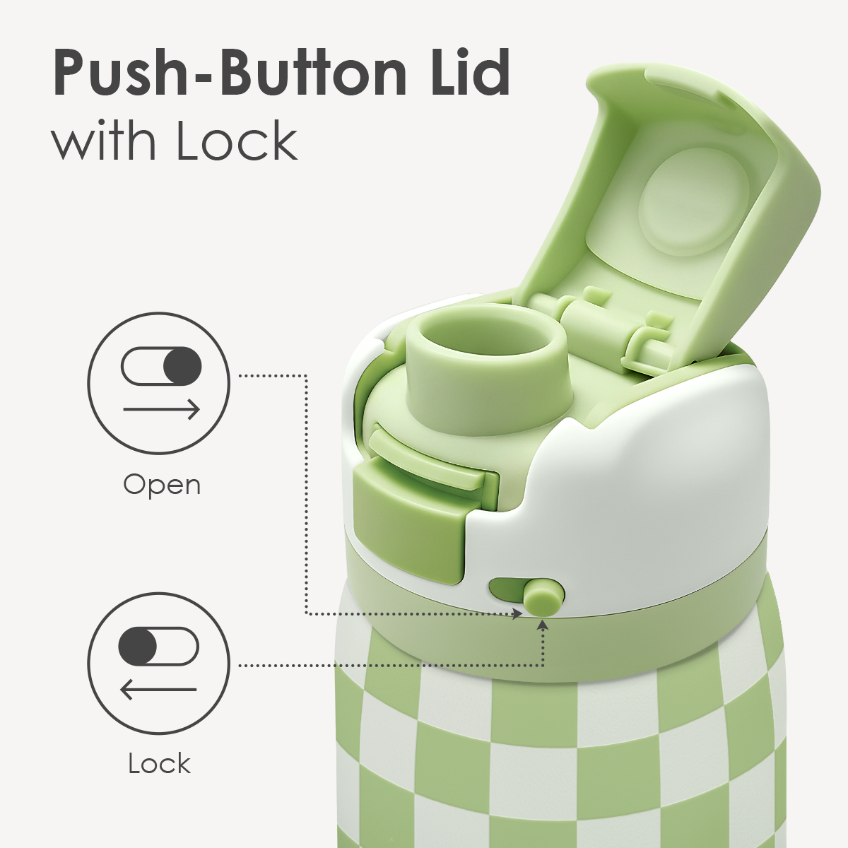 Green and white checkered water bottle with push-button lid and lock mechanism on a white background.