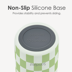 Green and white checkered container with a gray lid on a white background, featuring Sandjest branding.