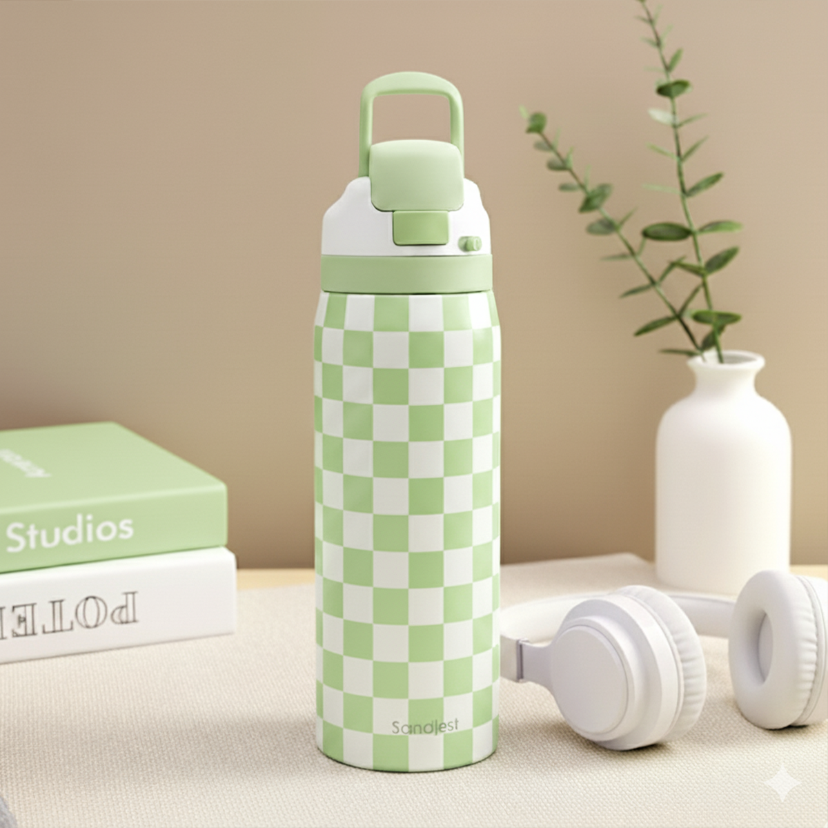 Green and white checkered water bottle with a matching cap on a beige surface.