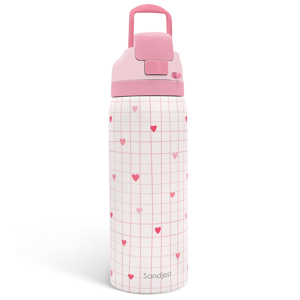 Pink water bottle with heart pattern on a white background