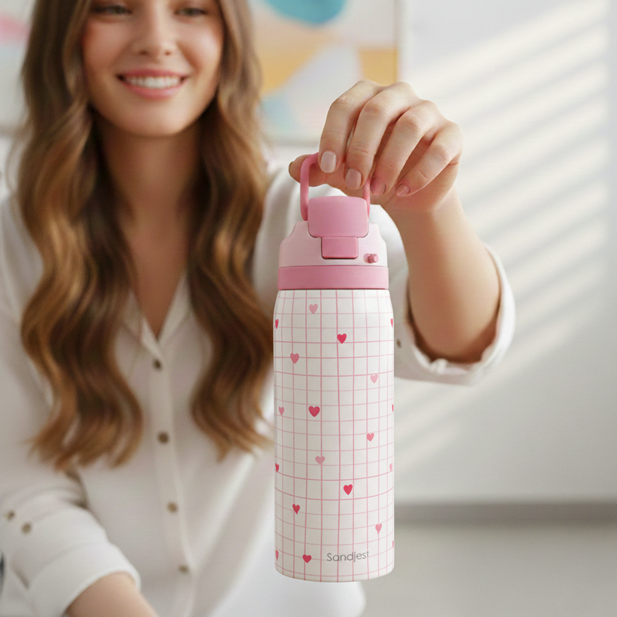 Woman holding a pink water bottle with heart pattern