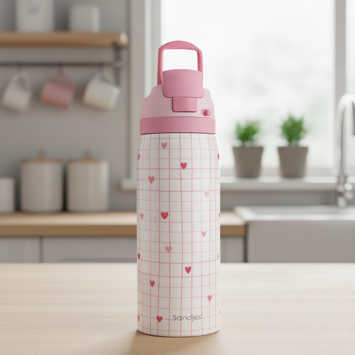 Pink water bottle with heart and grid pattern on a kitchen counter