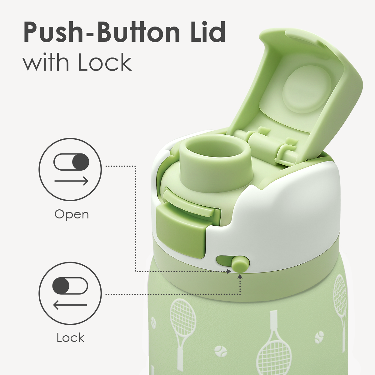 Green water bottle with push-button lid and lock mechanism on a white background