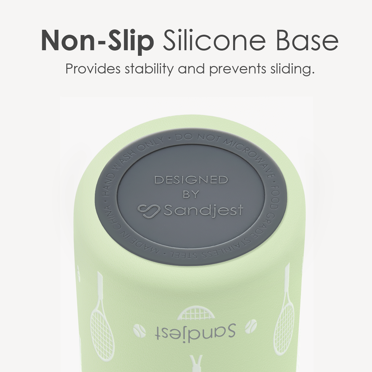 Green container with a gray non-slip silicone base on a white background, featuring the Sandjest brand.