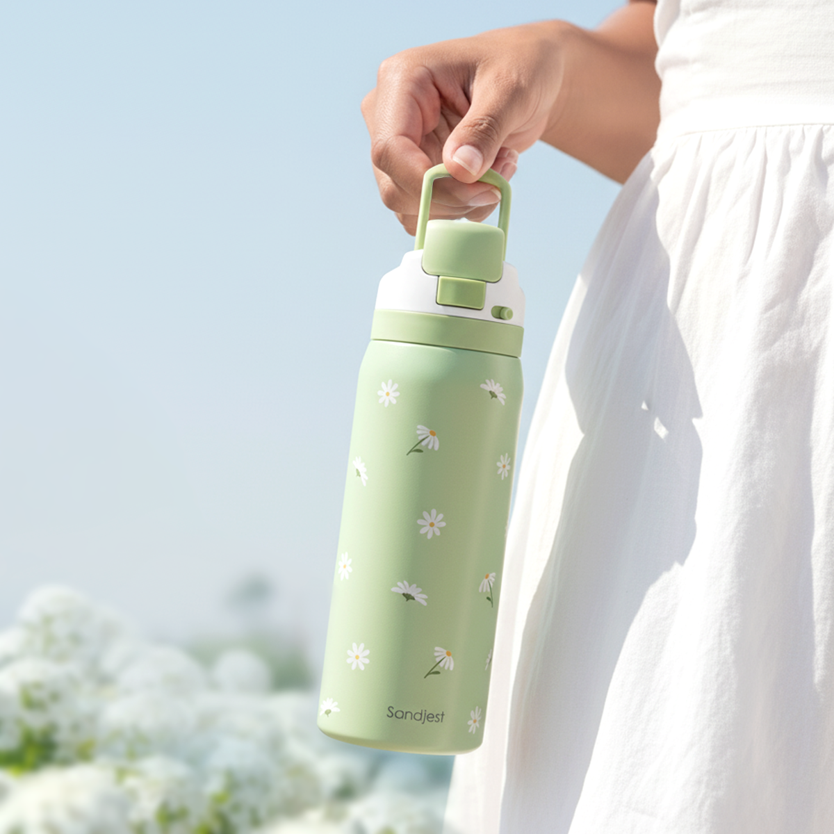 Green Daisy VividPop | Push-button Lid Water Bottle 32oz