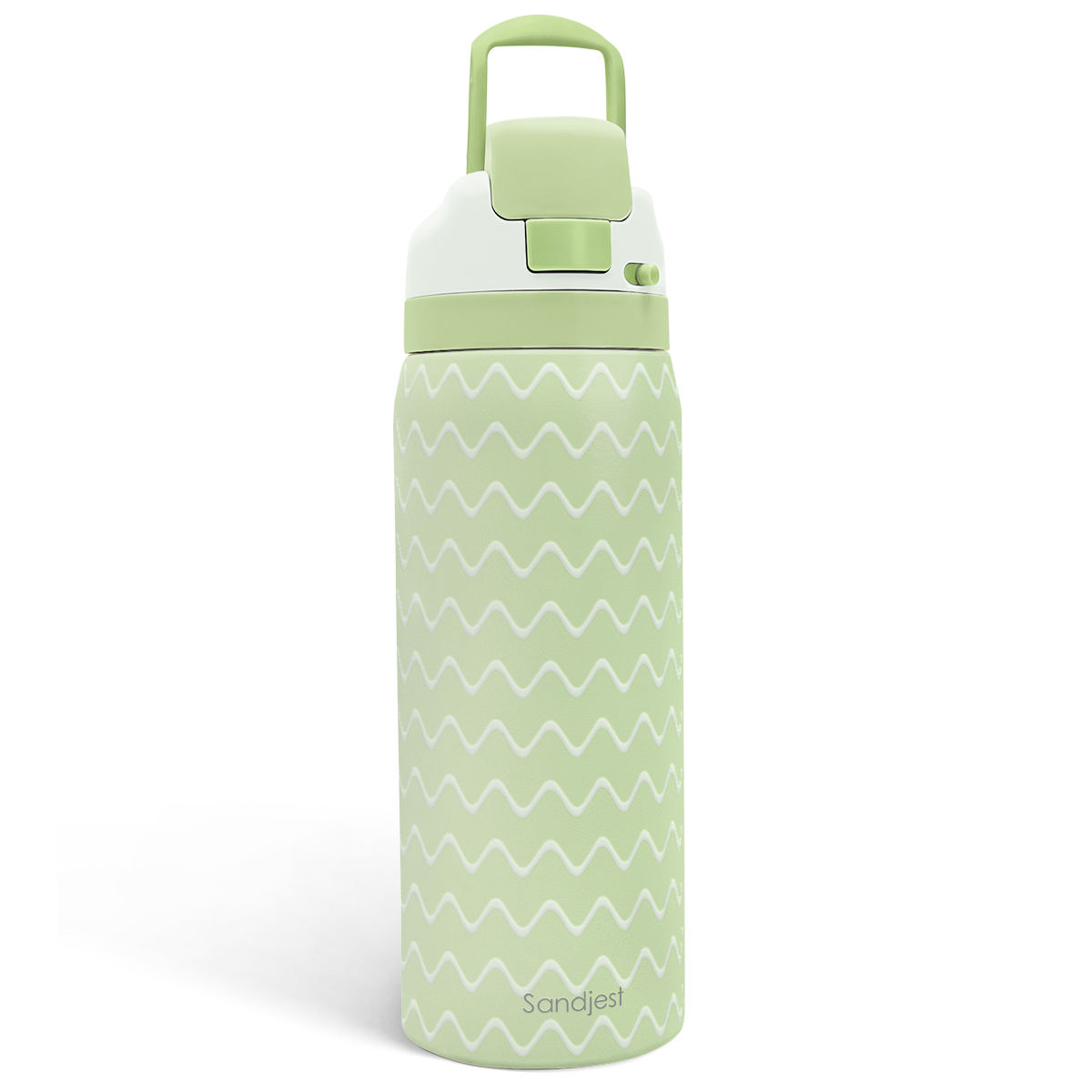 Green water bottle with white zigzag pattern on a white background
