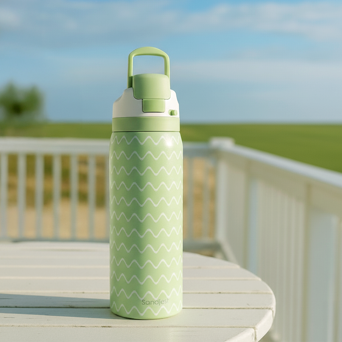 Green water bottle with white zigzag pattern on a table outdoors