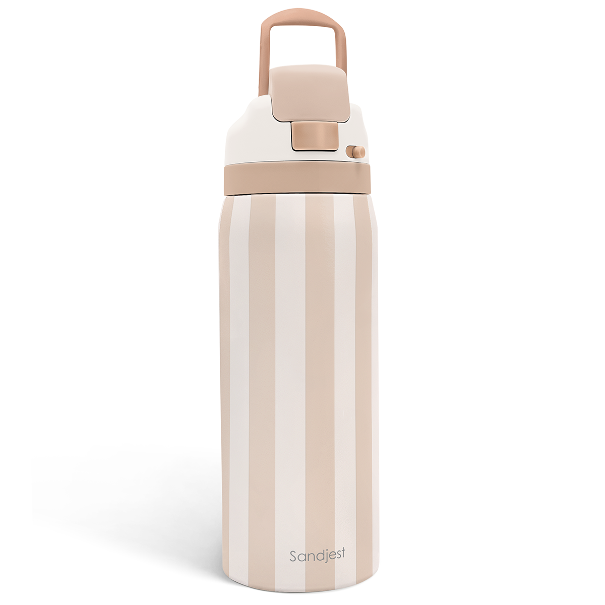 Beige and white striped water bottle with a beige lid on a white background