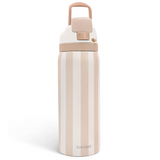Beige and white striped water bottle with a beige lid on a white background