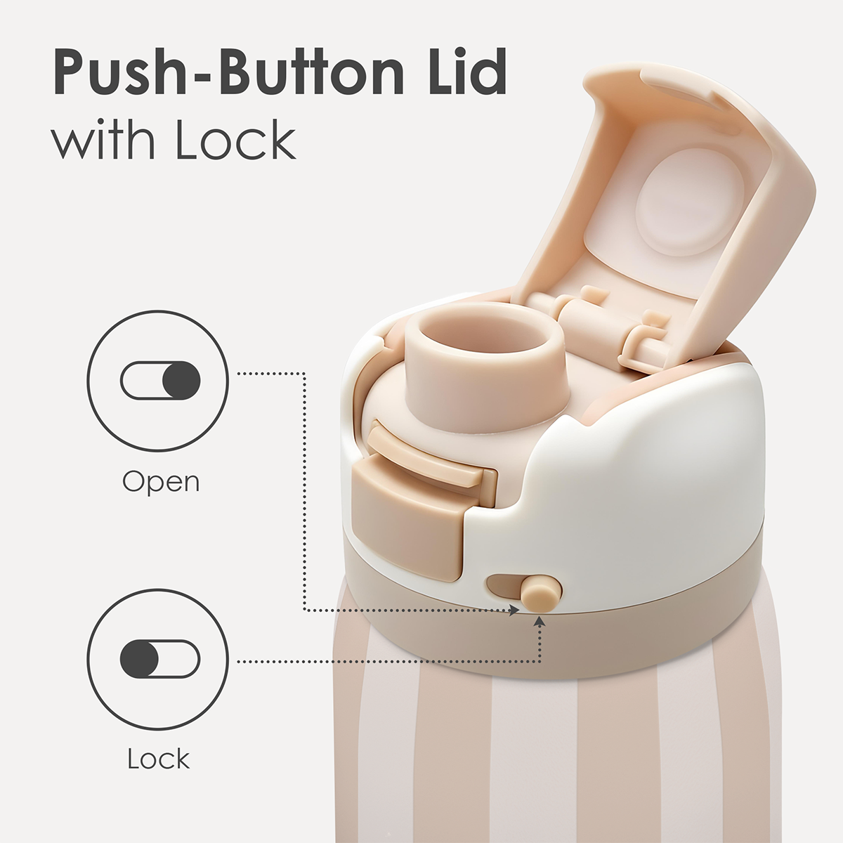 Push-button lid with lock on a striped container, showing open and locked positions.