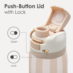 Push-button lid with lock on a striped container, showing open and locked positions.