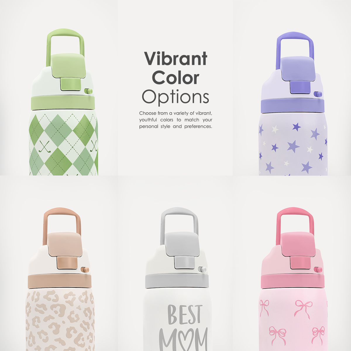 Collection of colorful water bottles with different patterns on a white background