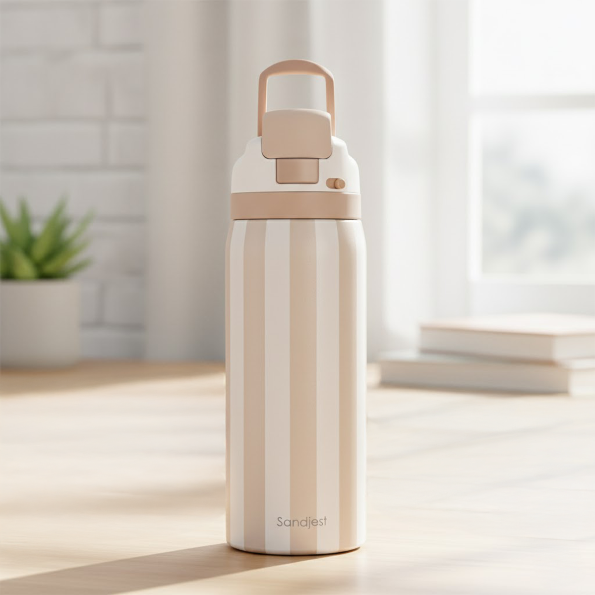 Beige and white striped water bottle with wooden handle on a light surface