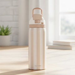 Beige and white striped water bottle with wooden handle on a light surface