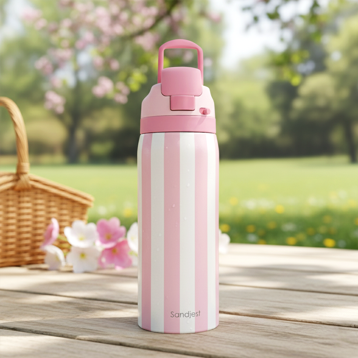 Stripe Insulated Stainless Steel Water Bottle with Straw for Sports and Travel, 32oz, Gifts for Women Girls Friends Teens Birthday Christmas (Pink)