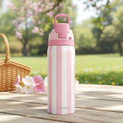 Stripe Insulated Stainless Steel Water Bottle with Straw for Sports and Travel, 32oz, Gifts for Women Girls Friends Teens Birthday Christmas (Pink)