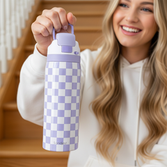 Checkered Insulated Stainless Steel Water Bottle with Straw for Sports and Travel, 32oz, Gifts for Women Girls Friends Teens Birthday Christmas (Purple)