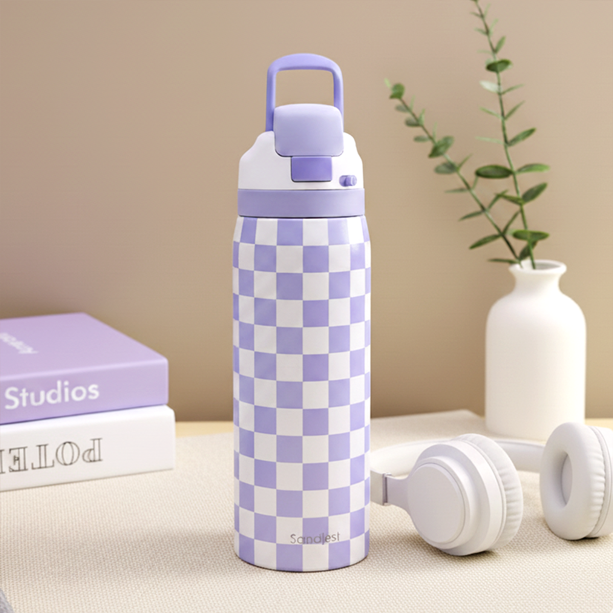 Checkered Insulated Stainless Steel Water Bottle with Straw for Sports and Travel, 32oz, Gifts for Women Girls Friends Teens Birthday Christmas (Purple)