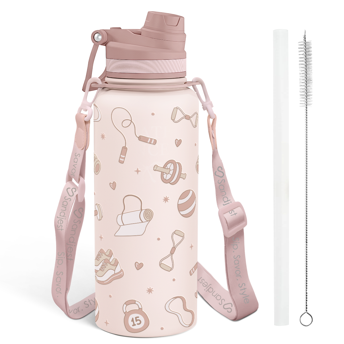 Pink water bottle with illustrations, strap, and cleaning brush on a white background