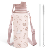 Pink water bottle with illustrations, strap, and cleaning brush on a white background
