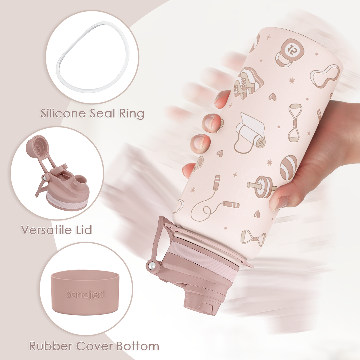Collapsible water bottle with silicone seal ring, versatile lid, and rubber cover bottom on a light background.
