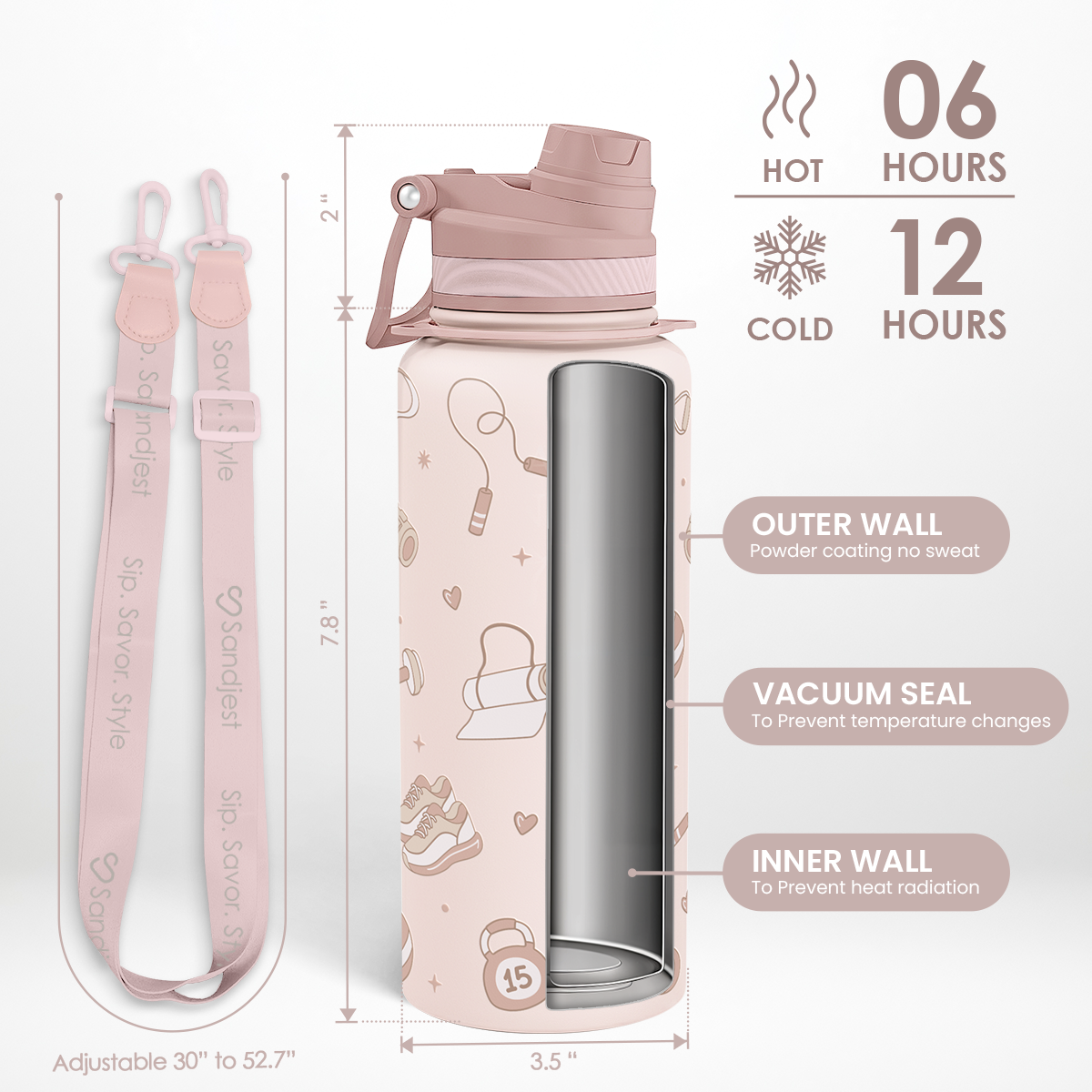 Pink insulated bottle with measurements and features on a white background