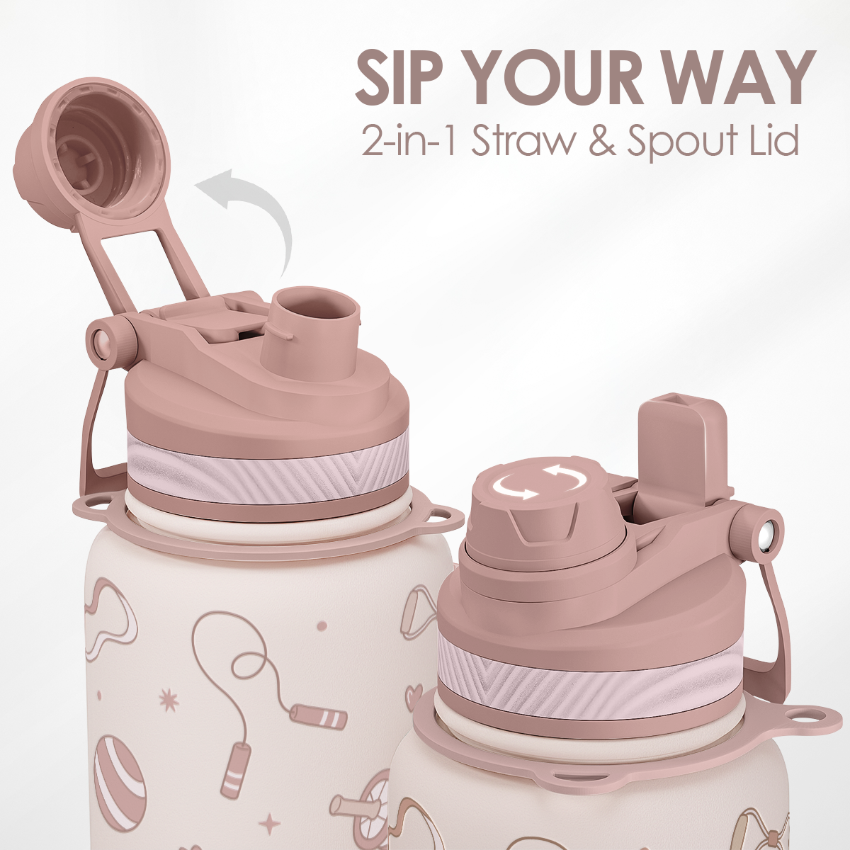 2-in-1 straw and spout lid for a water bottle with pink accents on a white background.