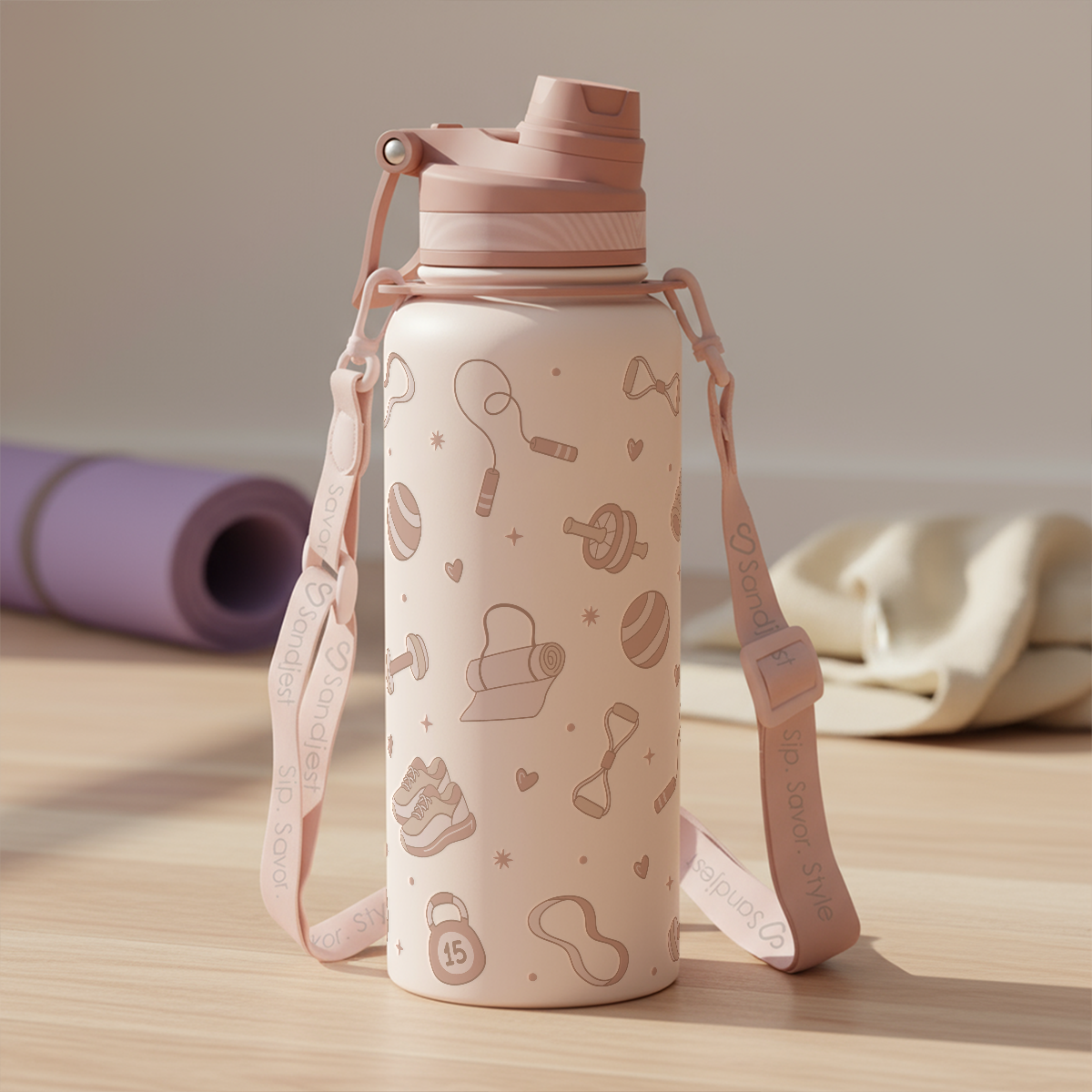 Pink water bottle with patterns on a wooden surface with a yoga mat and towel in the background.