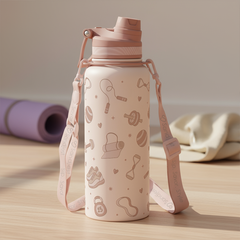 Pink water bottle with patterns on a wooden surface with a yoga mat and towel in the background.