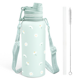 Mint green water bottle with floral design, strap, and cleaning brush on a white background