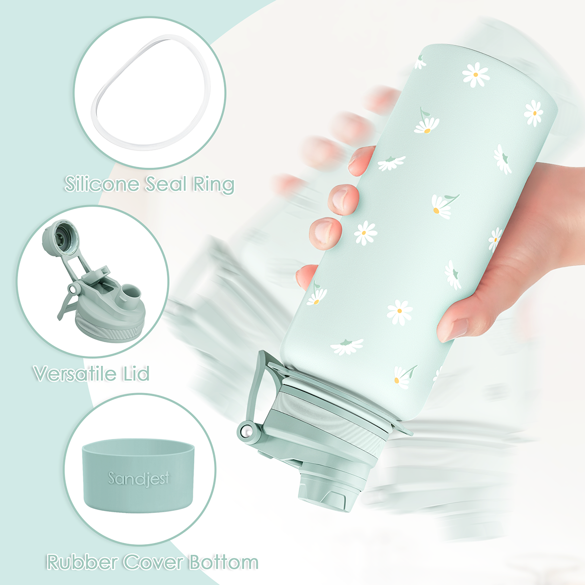 Collapsible water bottle with floral design, hand holding it, and close-up details on a light blue background.