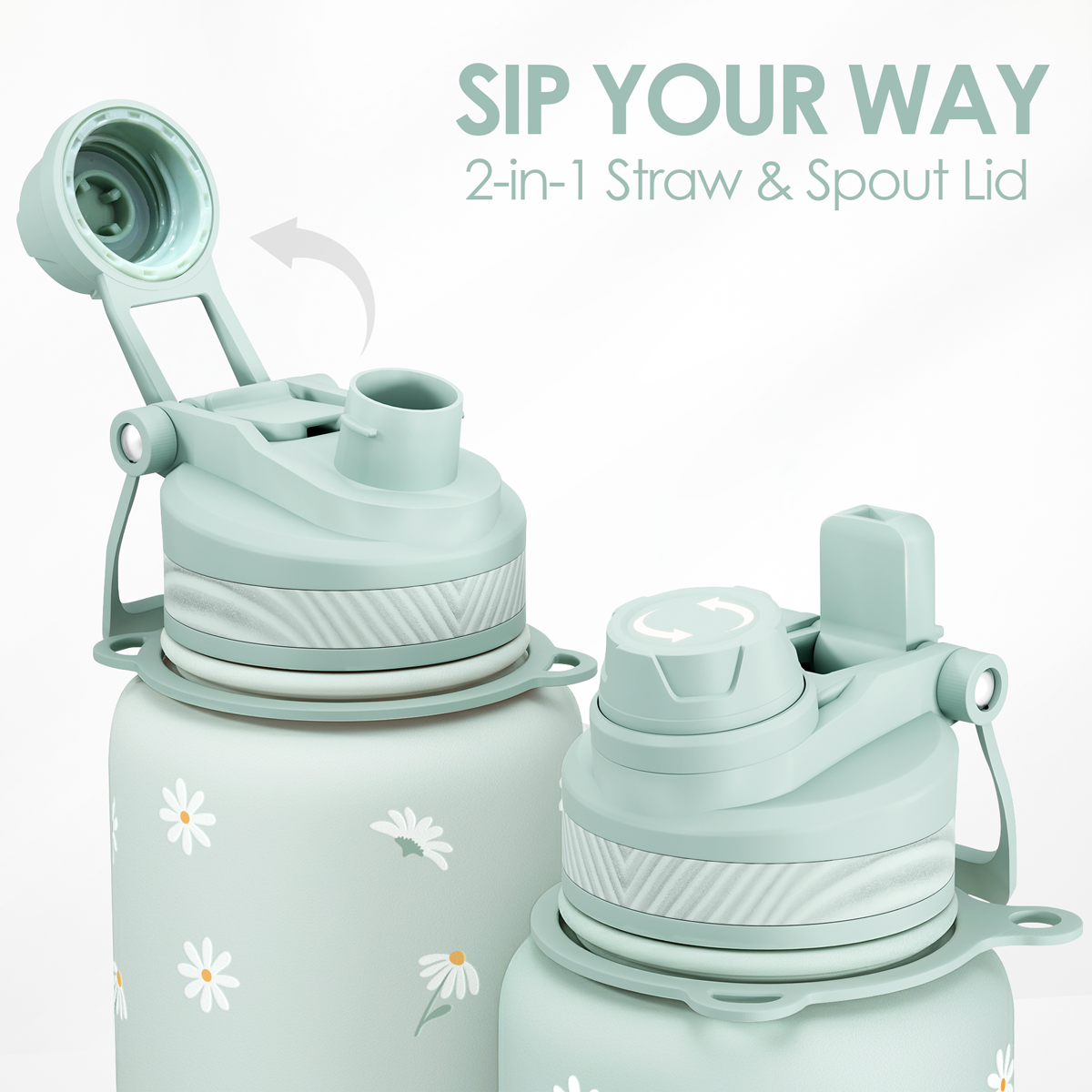 Light blue water bottle with 2-in-1 straw and spout lid on a white background