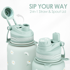 Mint Daisy Stainless Steel Water Bottle with Strap 32oz, Insulated Bottles with Straw and Spout Lid for Gym Sports Travel Outdoor, Gifts for Women Girls Birthday Christmas