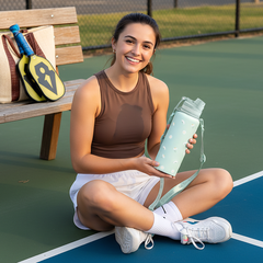 Woman sitting on a tennis court holding a water bottle, with sports equipment in the background.