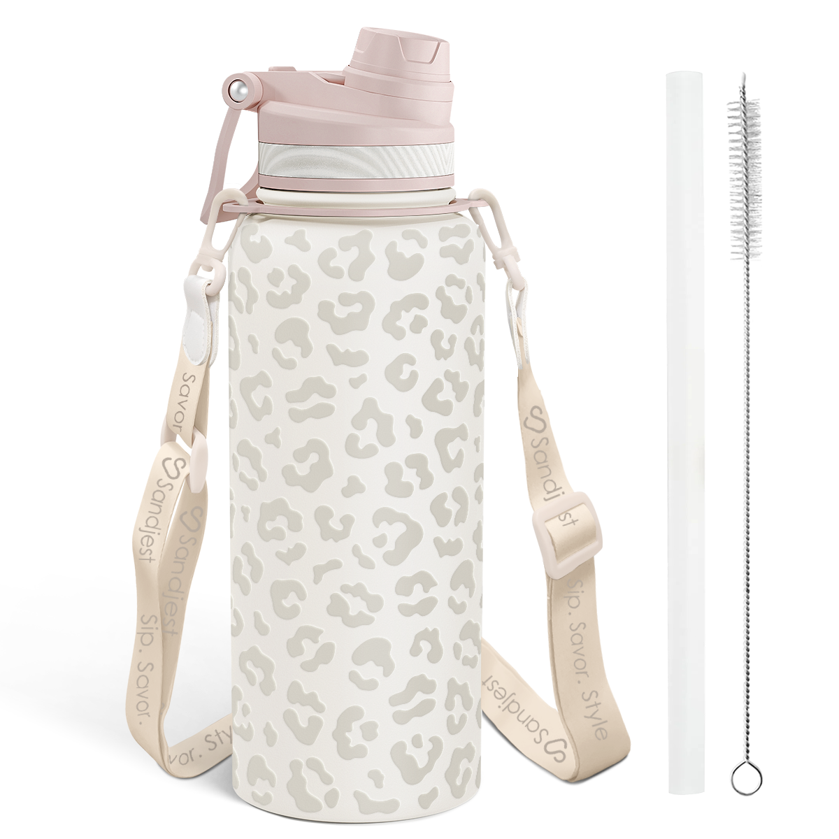 Leopard print water bottle with pink accents, strap, and cleaning brush on a white background