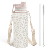 Leopard print water bottle with pink accents, strap, and cleaning brush on a white background