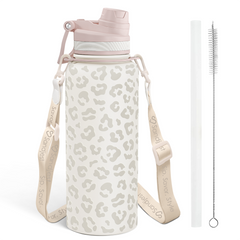 Beige Leopard Skin Stainless Steel Water Bottle with Strap 32oz, Insulated Bottles with Straw and Spout Lid for Gym Sports Travel Outdoor, Gifts for Women Girls Birthday Christmas