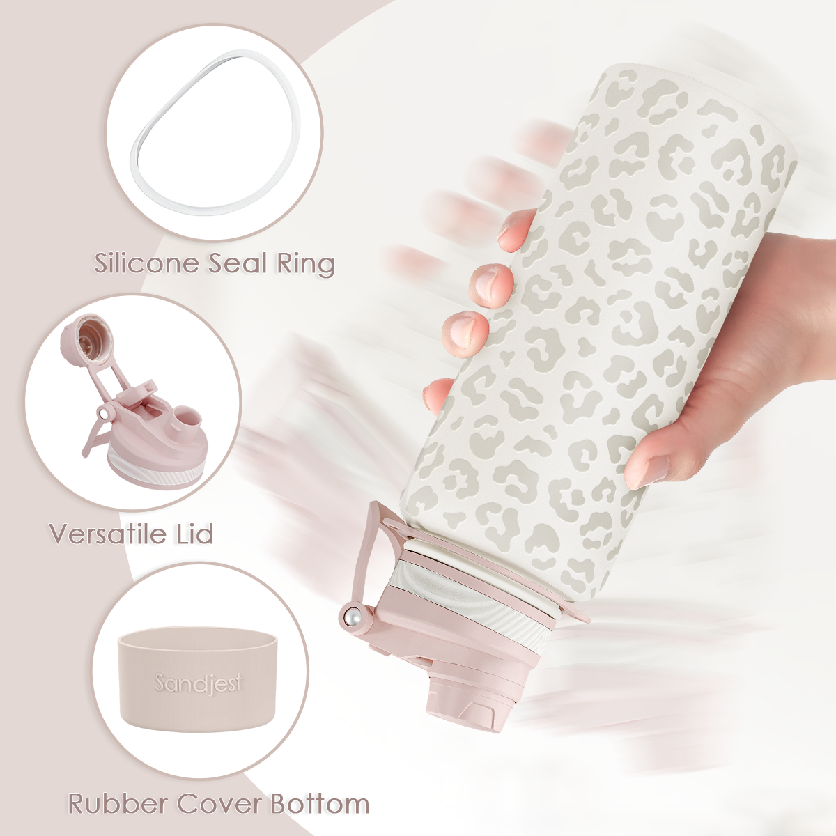 Leopard print tumbler with silicone seal ring, versatile lid, and rubber cover bottom features.
