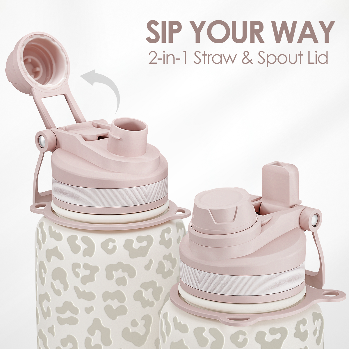 Pink and white leopard print water bottle with 2-in-1 straw and spout lid on a light gray background.
