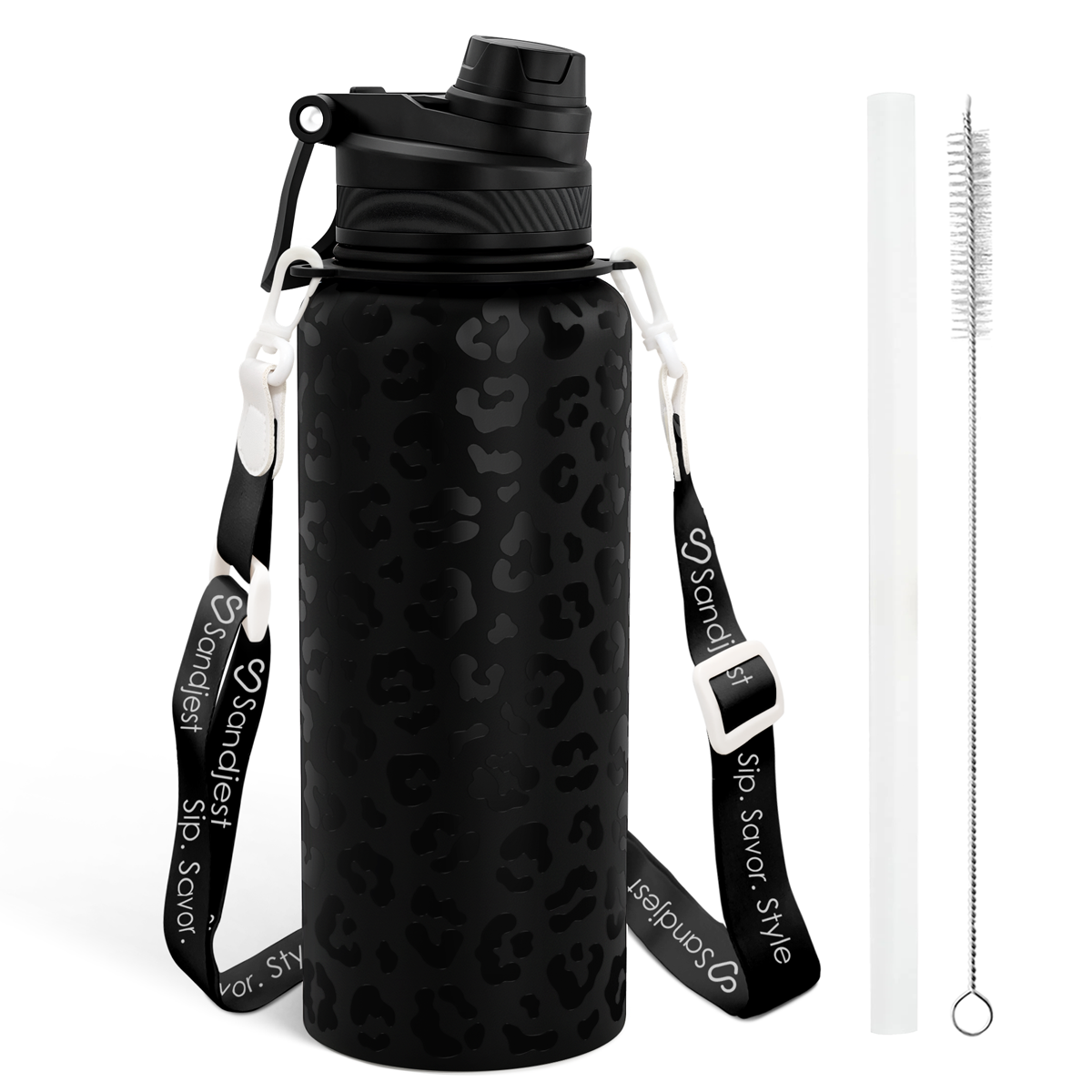 Black water bottle with leopard print pattern, black lid, white straw, and black strap on a white background