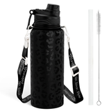 Black water bottle with leopard print pattern, black lid, white straw, and black strap on a white background