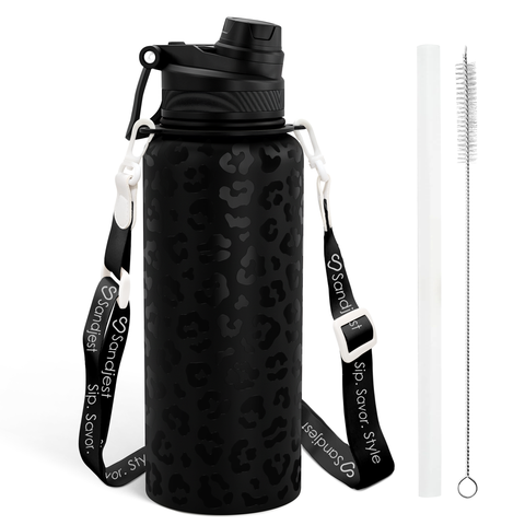 Black Leopard Skin Stainless Steel Water Bottle with Strap 32oz, Insulated Bottles with Straw and Spout Lid for Gym Sports Travel Outdoor, Gifts for Women Girls Birthday Christmas