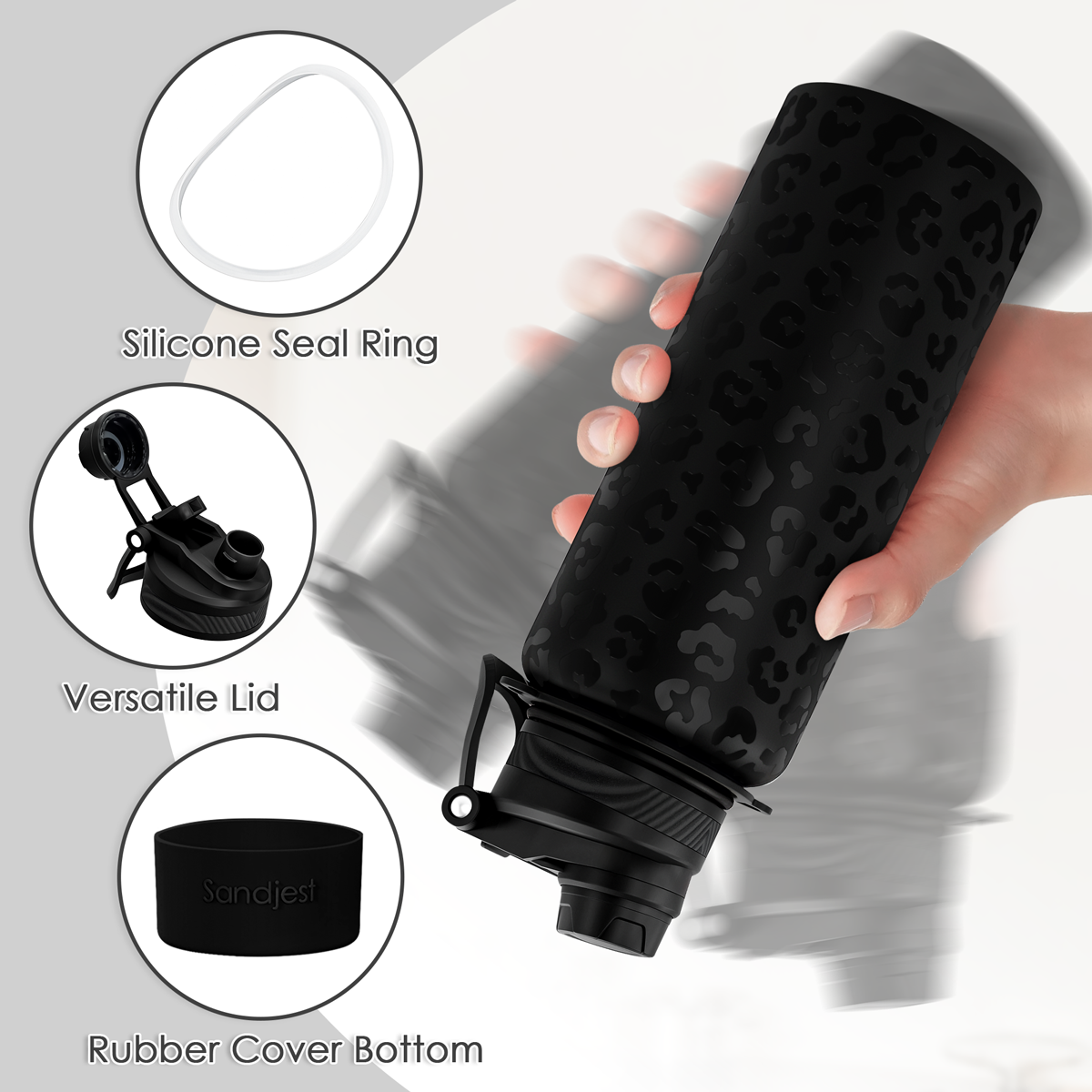 Black water bottle with features highlighted on a light gray background