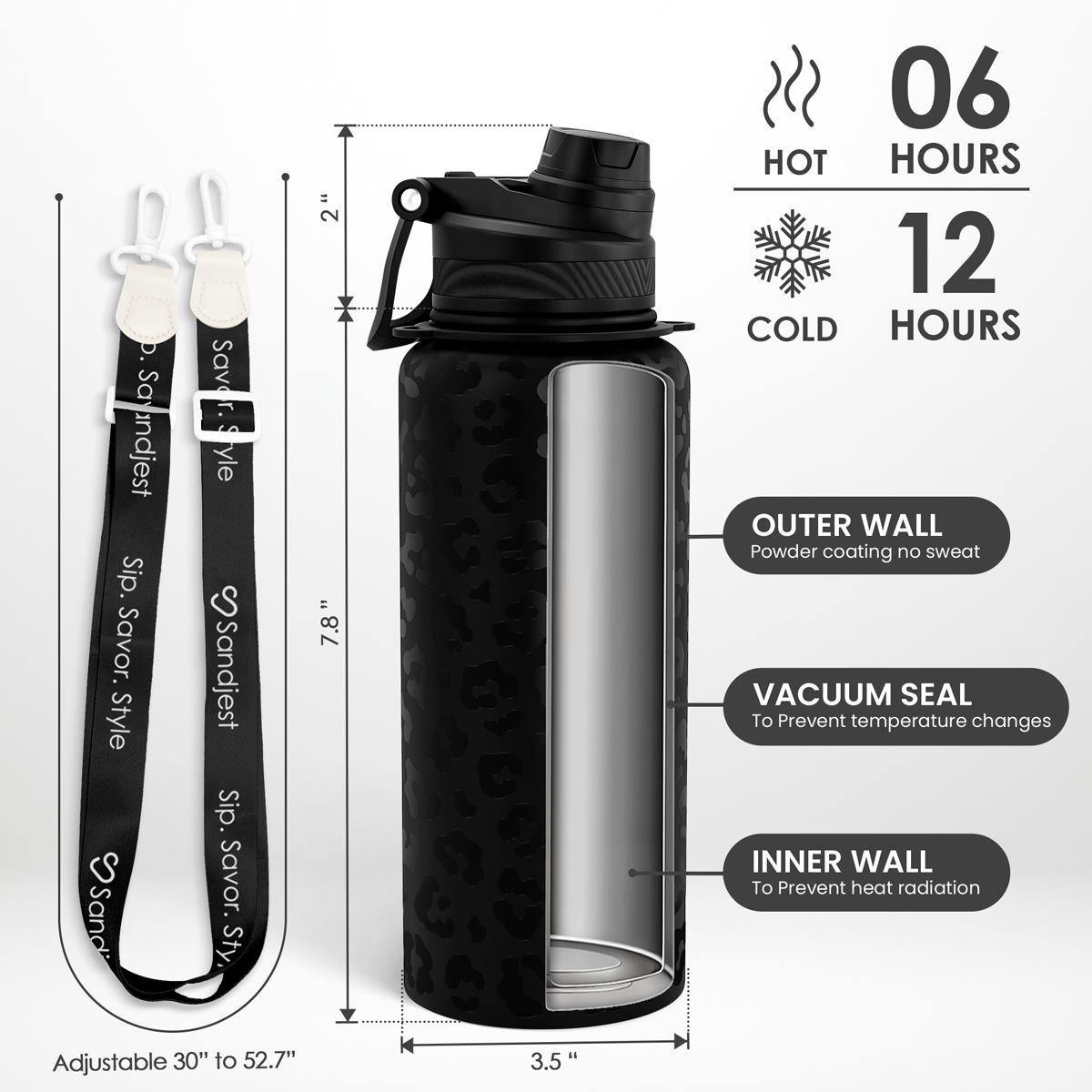 Black insulated water bottle with measurement details on a white background