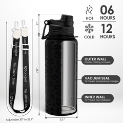 Black Leopard Skin Stainless Steel Water Bottle with Strap 32oz, Insulated Bottles with Straw and Spout Lid for Gym Sports Travel Outdoor, Gifts for Women Girls Birthday Christmas