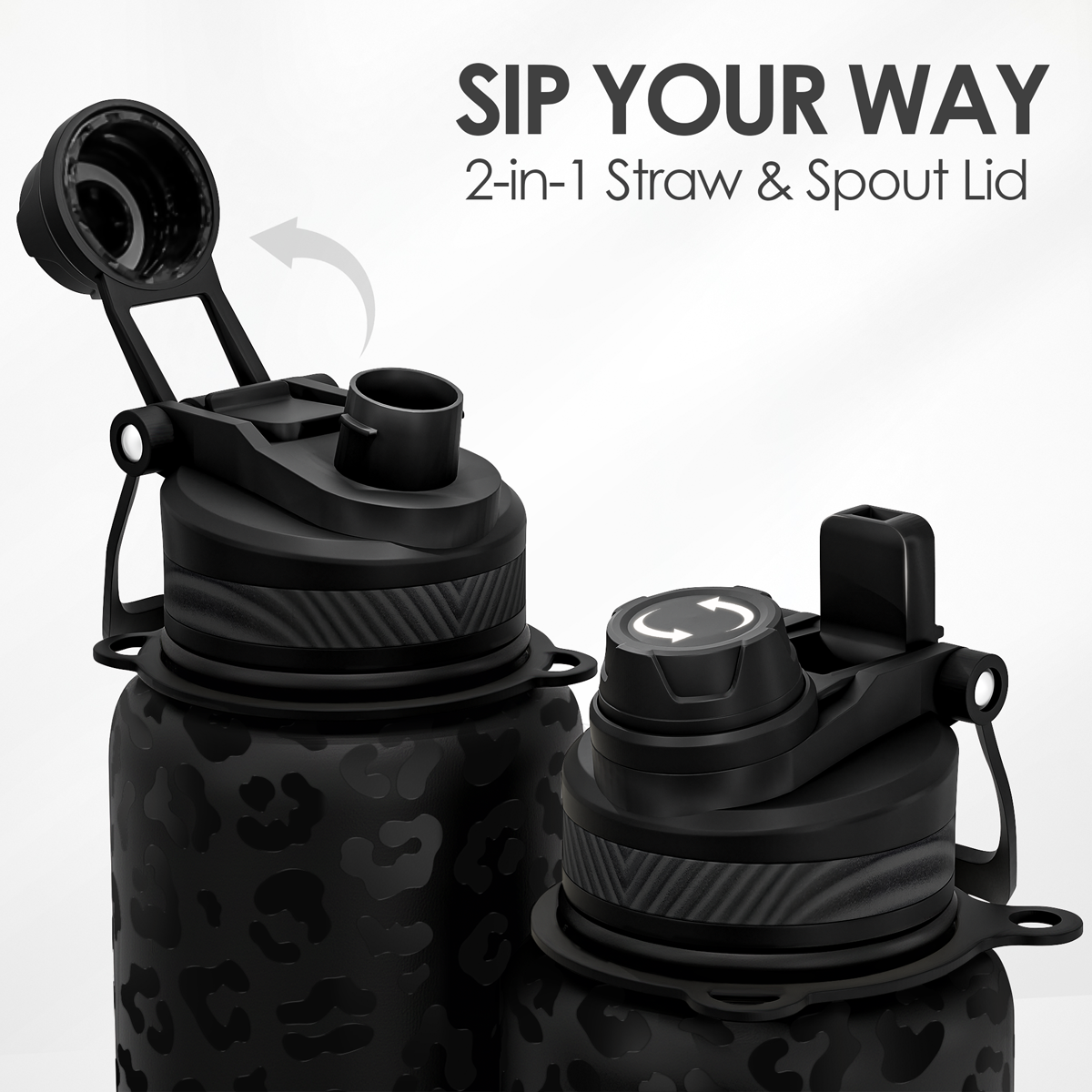 Black 2-in-1 straw and spout lid for a water bottle with text 'Sip Your Way' on a white background.