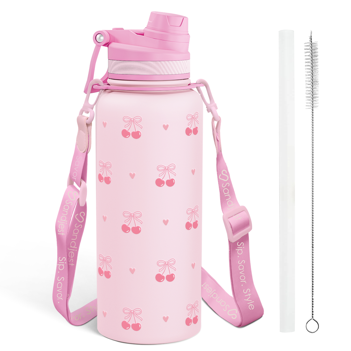 Pink water bottle with cherry design, strap, and cleaning brush on a white background