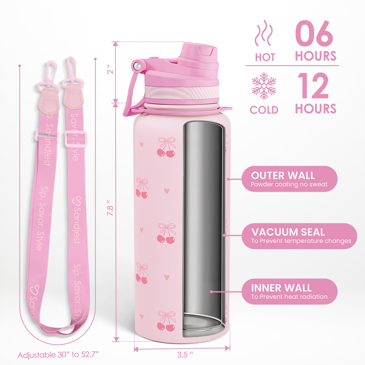 Pink insulated water bottle with measurements and features on a white background