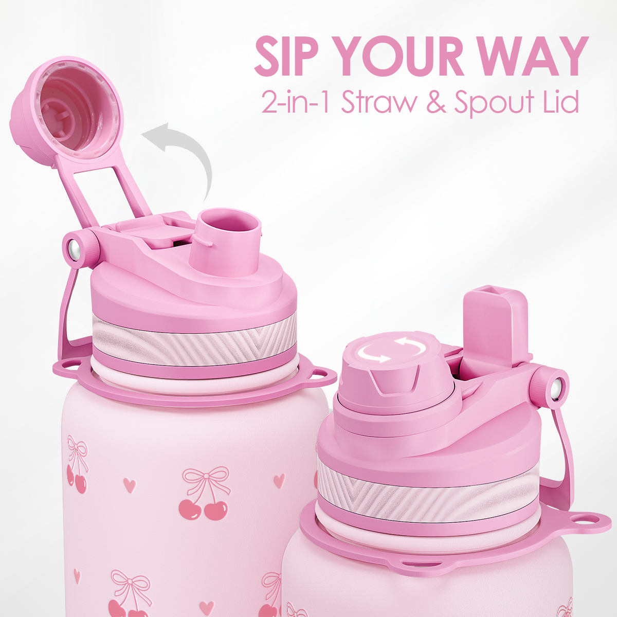 Pink water bottle with 2-in-1 straw and spout lid on a white background