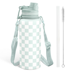 Checker Stainless Steel Water Bottle with Strap 32oz, Insulated Bottles with Straw and Spout Lid for Gym Sports Travel Outdoor, Gifts for Women Girls Birthday Christmas